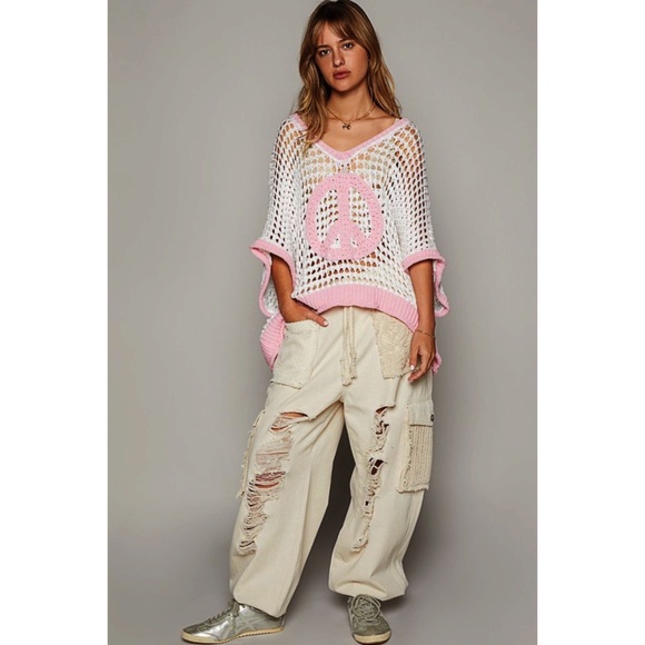 POL White & Pink Peace Sign Sheer Open Weave Layering Top - Picture 6 of 9